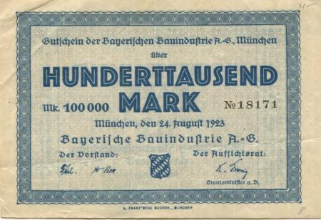 München - Bayerische Bauindustrie AG - 24.8.1923 - 100000 Mark 