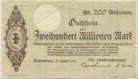 München-Gladbach - Handelskammer - 25.8.1923 - 200 Millionen Mark 