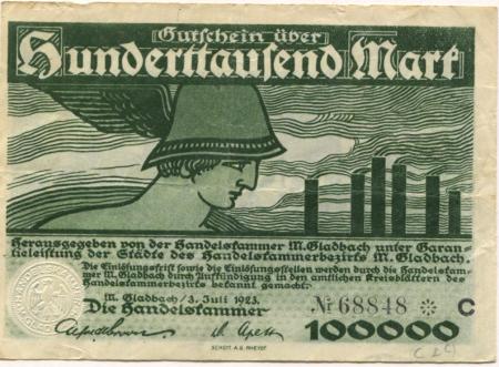 München-Gladbach - Handelskammer - 3.7.1923 - 100000 Mark 