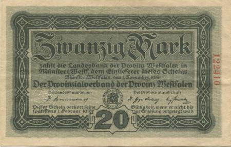 Münster - Provinzialverband Westfalen - 1.11.1918 - 1.2.1919 - 20 Mark 