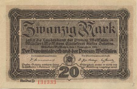 Münster - Provinzialverband Westfalen - 1.11.1918 - 1.2.1919 - 20 Mark 
