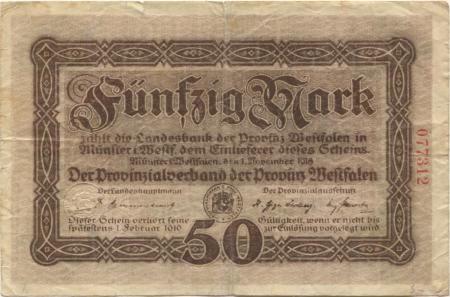 Münster - Provinzialverband Westfalen - 1.11.1918 - 1.2.1919 - 50 Mark 