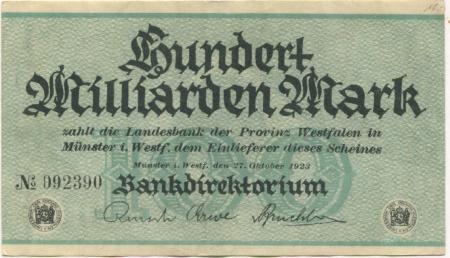 Münster - Landesbank der Provinz Westfalen - 27.10.1923 - 100 Milliarden Mark 
