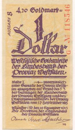 Münster - Landesbank der Provinz Westfalen - 19.11.1923 - 31.3.1924 - 4.20 Gold-Mark 