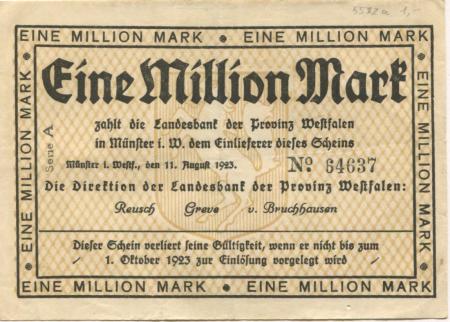 Münster - Landesbank der Provinz Westfalen - 11.8.1923 - 1.10.1923 - 1 Million Mark 