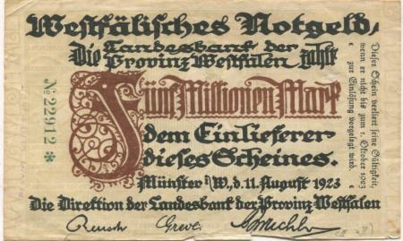 Münster - Landesbank der Provinz Westfalen - 11.8.1923 - 1.10.1923 - 5 Millionen Mark 