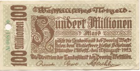 Münster - Landesbank der Provinz Westfalen - 11.8.1923 - 100 Millionen Mark 