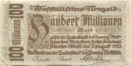 Münster - Landesbank der Provinz Westfalen - 11.8.1923 - 100 Millionen Mark 