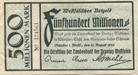Münster - Landesbank der Provinz Westfalen - 11.8.1923 - 500 Millionen Mark 