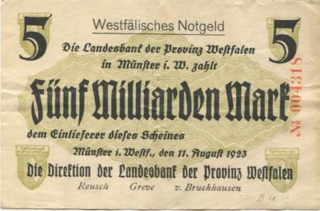 Münster - Landesbank der Provinz Westfalen - 11.8.1923 - 5 Milliarden Mark 