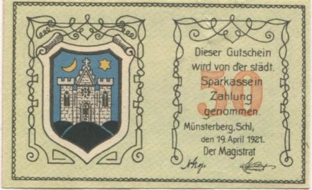 Münsterberg (heute: PL-Ziebice) - Stadt - 19.4.1921 - 50 Pfennig 