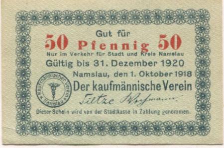 Namslau (heute: PL-Namyslow) - Kaufmännischer Verein - 1.10.1918 - 31.12.1920 - 50 Pfennig 