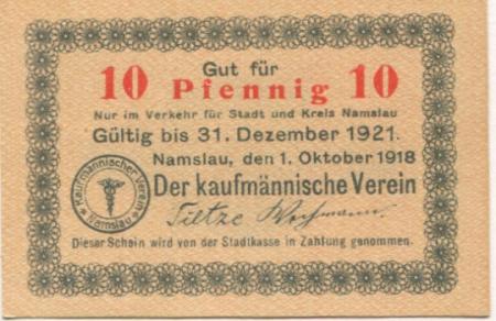 Namslau (heute: PL-Namyslow) - Kaufmännischer Verein - 1.10.1918 - 31.12.1921 - 10 Pfennig 