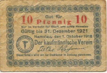 Namslau (heute: PL-Namyslow) - Kaufmännischer Verein - 1.10.1918 - 31.12.1921 - 10 Pfennig 