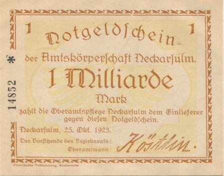 Neckarsulm - Amtskörperschaft - 25.10.1923 - 1 Milliarde Mark 