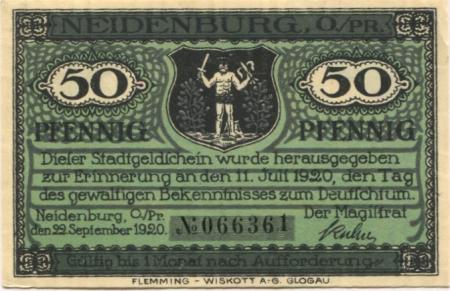 Neidenburg (heute: PL-Nidzica) - Stadt - 22.9.1920 - 50 Pfennig 