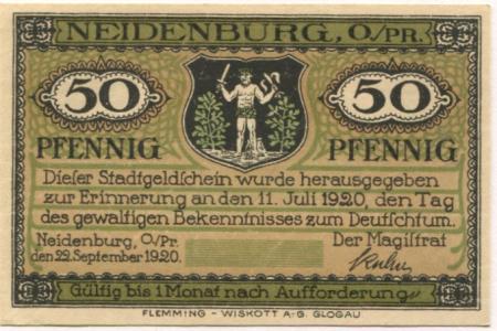 Neidenburg (heute: PL-Nidzica) - Stadt - 22.9.1920 - 50 Pfennig 