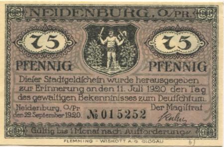 Neidenburg (heute: PL-Nidzica) - Stadt - 22.9.1920 - 75 Pfennig 