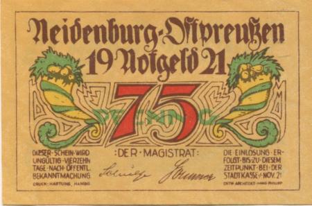 Neidenburg (heute: PL-Nidzica) - Stadt - November 1921 - 75 Pfennig 