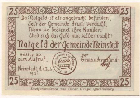 Neinstedt (heute: Thale) - Gemeinde - 1.7.1921 - 25 Pfennig 