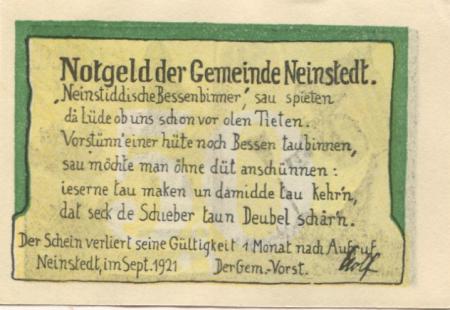 Neinstedt (heute: Thale) - Gemeinde - September 1921 - 50 Pfennig 