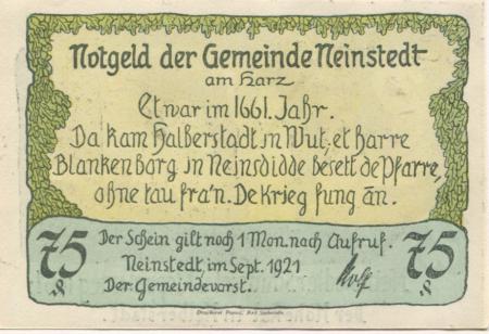 Neinstedt (heute: Thale) - Gemeinde - September 1921 - 75 Pfennig 