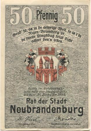 Neubrandenburg - Stadt - - 31.5.1922 - 50 Pfennig 