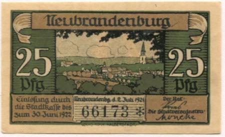 Neubrandenburg - Stadt - 2.7.1921 - 30.6.1922 - 25 Pfennig 