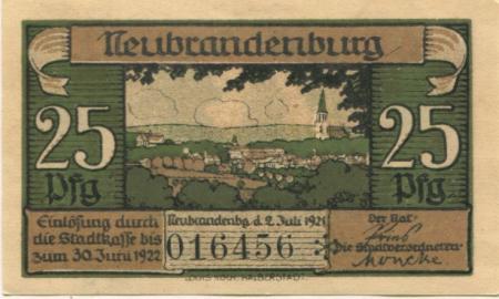 Neubrandenburg - Stadt - 2.7.1921 - 30.6.1922 - 25 Pfennig 