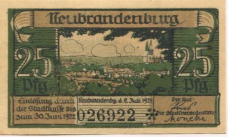 Neubrandenburg - Stadt - 2.7.1921 - 30.6.1922 - 25 Pfennig 
