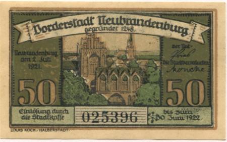Neubrandenburg - Stadt - 2.7.1921 - 30.6.1922 - 50 Pfennig 