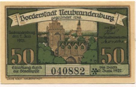Neubrandenburg - Stadt - 2.7.1921 - 30.6.1922 - 50 Pfennig 