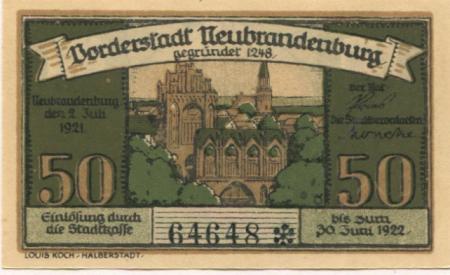 Neubrandenburg - Stadt - 2.7.1921 - 30.6.1922 - 50 Pfennig 