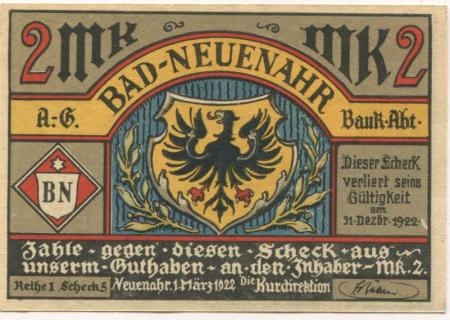 Neuenahr (Bad) - Kurdirektion - 1.3.1922 - 2 Mark 