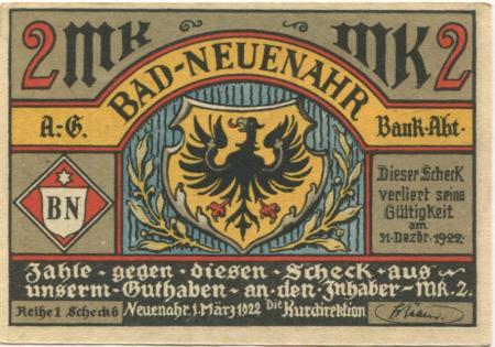 Neuenahr (Bad) - Kurdirektion - 1.3.1922 - 2 Mark 