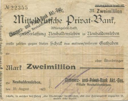 Neuhaldensleben (heute: Haldensleben) - Commerz- und Privat-Bank AG, Filiale Neuhaldensleben - 10.8.1923 - 2 Millionen Mark 