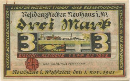 Neuhaus (heute: Paderborn) - Gemeinde - 1.11.1921 - 3 Mark 