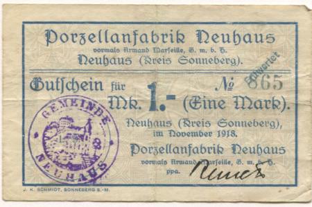 Neuhaus (heute: Föritztal) - Porzellanfabrik, vormals Armand Marseille GmbH - November 1918 - 1 Mark 