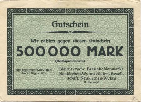Neukirchen (heute: Borna) - Ziervogel, H., Bleichert'sche Braunkohlenwerke Neukirchen-Wyhra AG - 15.8 1923 - 500000 Mark 