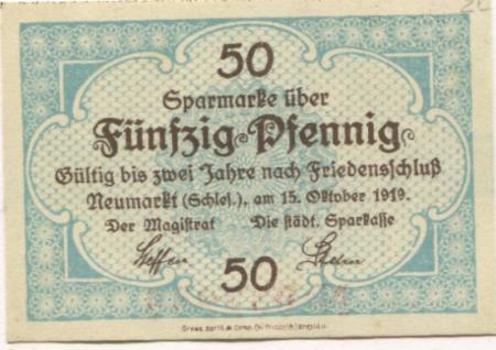 Neumarkt (heute: PL-Sroda Slaska) - Stadt und Sparkasse - 15.10.1919 - 50 Pfennig 