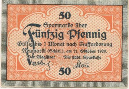 Neumarkt (heute: PL-Sroda Slaska) - Stadt und Sparkasse - 11.10.1920 - 50 Pfennig 