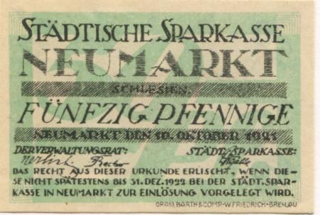 Neumarkt (heute: PL-Sroda Slaska) - Städtische Sparkasse - 10.10.1921 - 50 Pfennig 