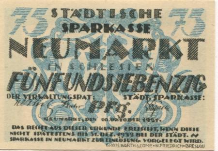 Neumarkt (heute: PL-Sroda Slaska) - Städtische Sparkasse - 10.10.1921 - 75 Pfennig 