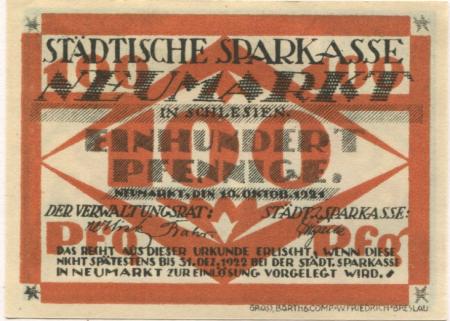 Neumarkt (heute: PL-Sroda Slaska) - Städtische Sparkasse - 10.10.1921 - 100 Pfennig 