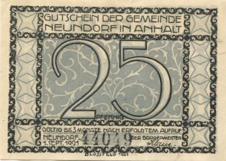 Neundorf (heute: Staßfurt) - Gemeinde - 1.9.1921 - 25 Pfennig 