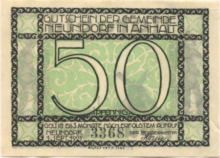 Neundorf (heute: Staßfurt) - Gemeinde - 1.9.1921 - 50 Pfennig 
