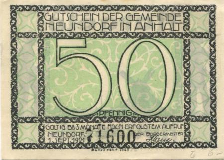 Neundorf (heute: Staßfurt) - Gemeinde - 1.9.1921 - 50 Pfennig 