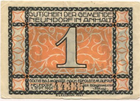 Neundorf (heute: Staßfurt) - Gemeinde - 1.9.1921 - 1 Mark 