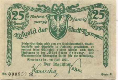 Neuruppin - Stadt - Juli 1921 - 25 Pfennig 