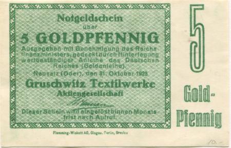 Neusalz (heute: PL-Nowa Sól) - Gruschwitz Textilwerke AG, Breslauer Str. 38-48 - 31.10.1923 - 5 Gold-Pfennig 